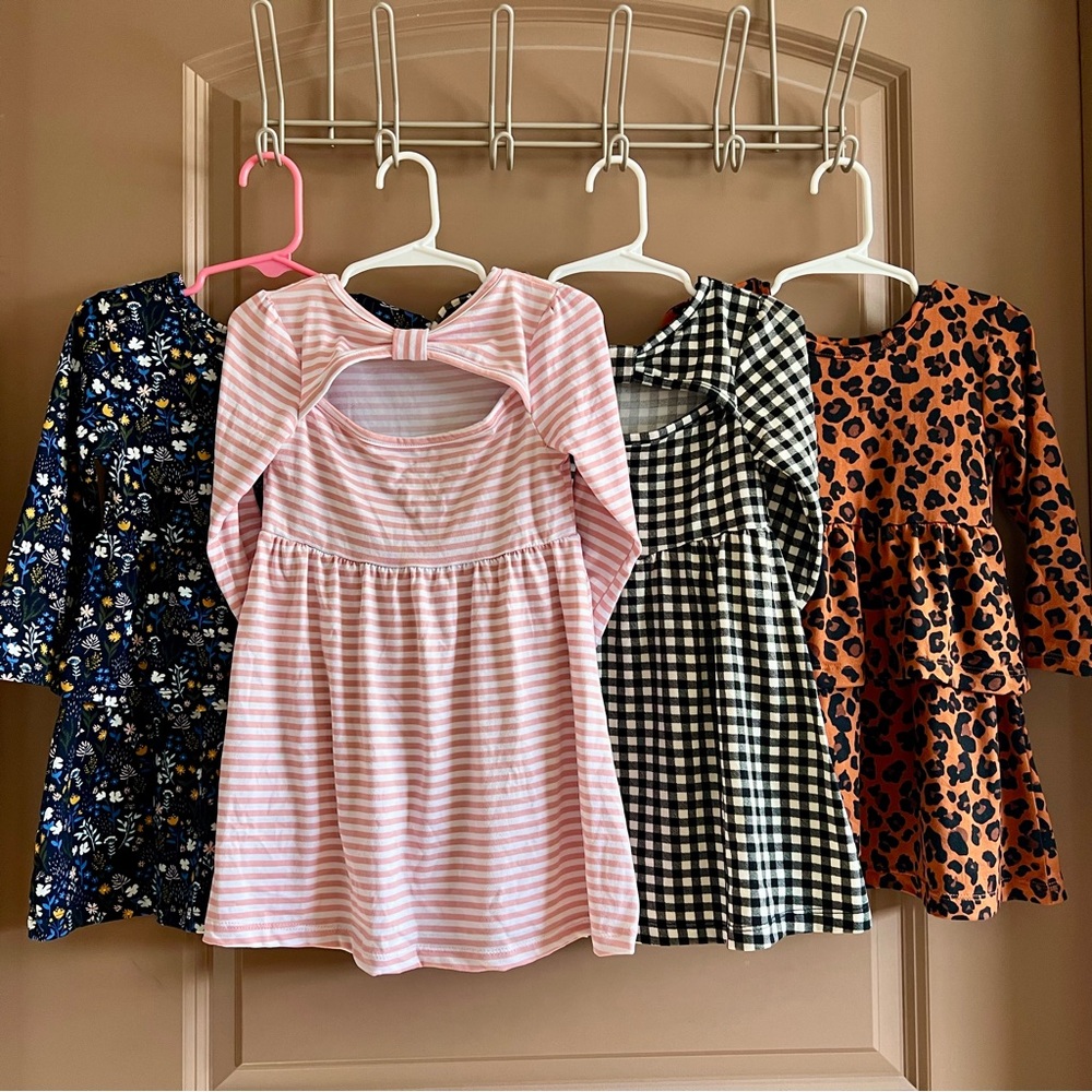 Set of Four Girls' Long Sleeve Dresses - Floral, Striped, Checkered, Leopard